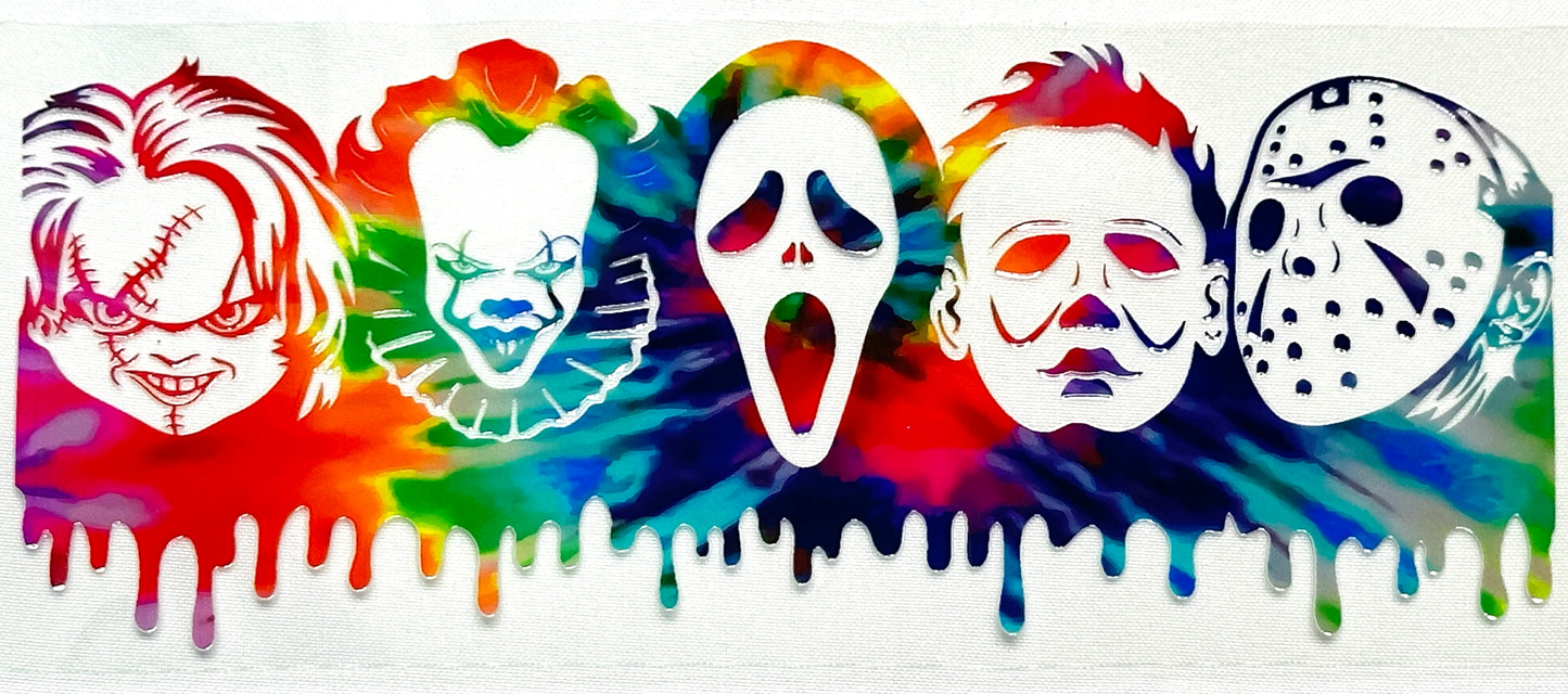 Colorful tie-dye design with masks of iconic horror characters