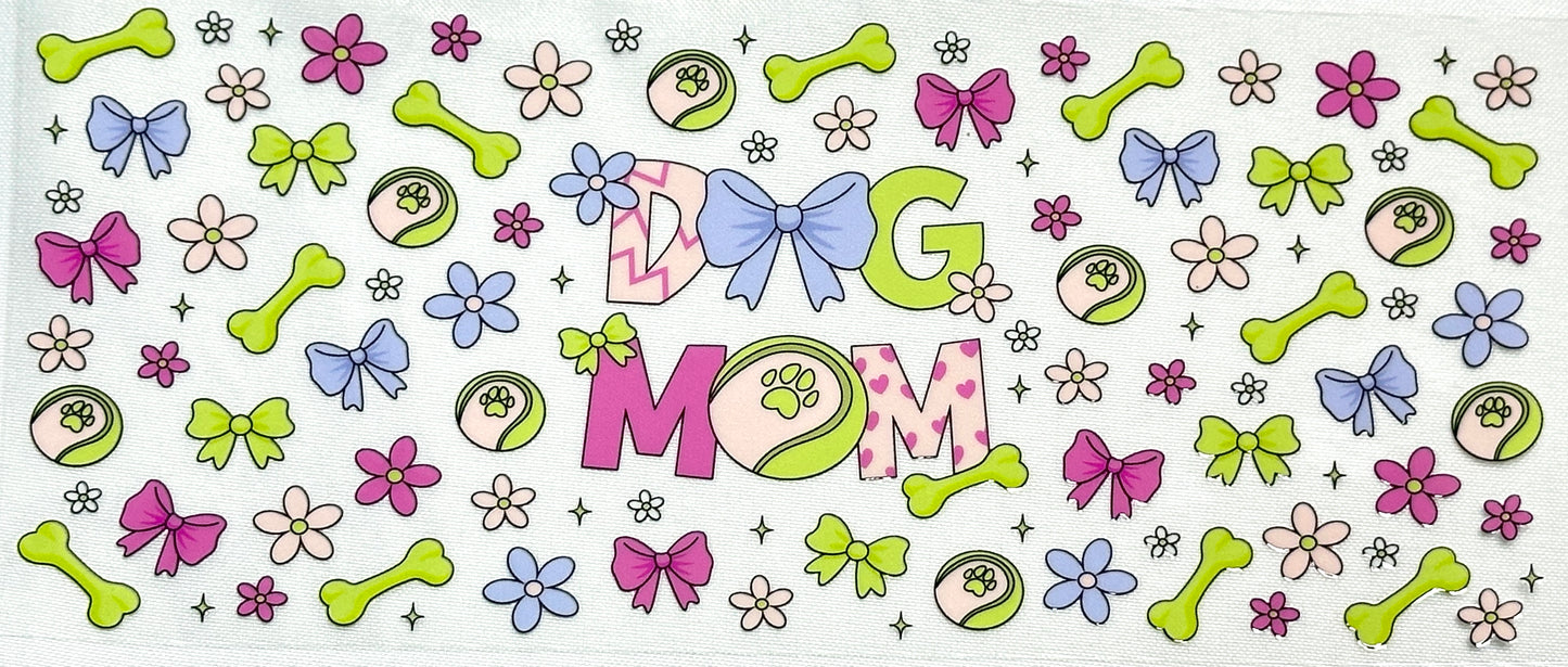 Decorative banner with 'Dog Mom' text surrounded by bows, flowers, and bones