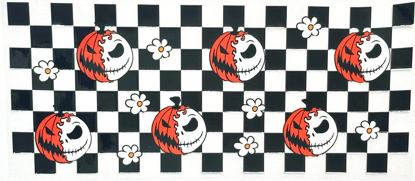 Checkered pattern with Jack Skellington faces and flowers on a black and white checkered background