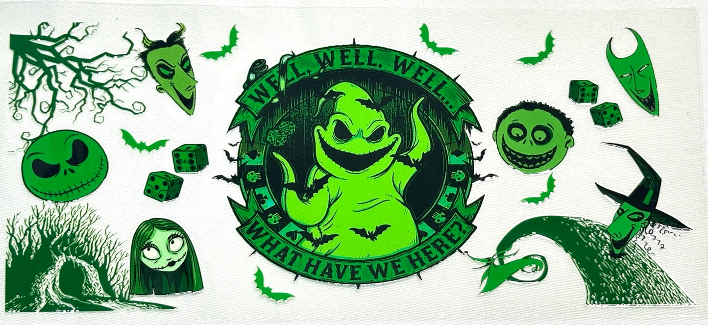 Green and black decorative design with cartoon characters and text