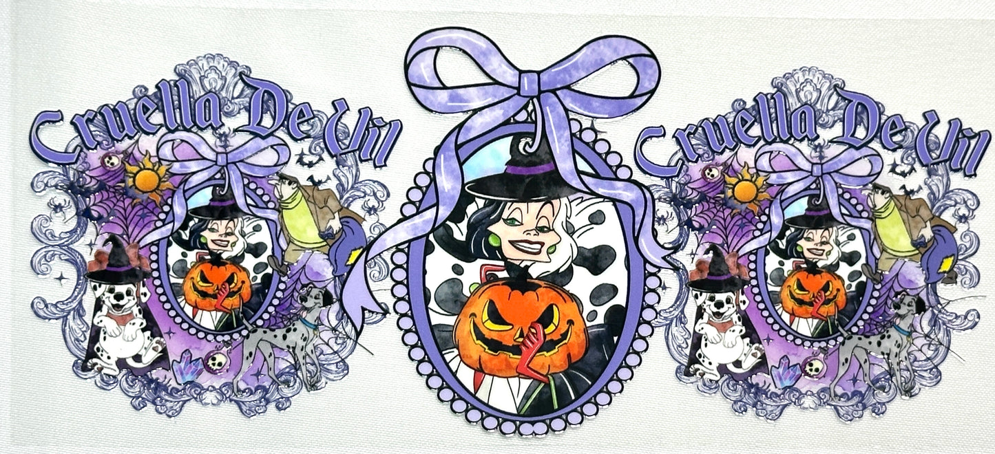 Decorative sticker with a witch design and 'Cruella text, featuring purple and orange colors.