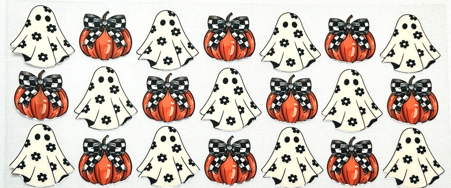 Set of decorative stickers featuring pumpkins, ghosts, and ghosts with bows