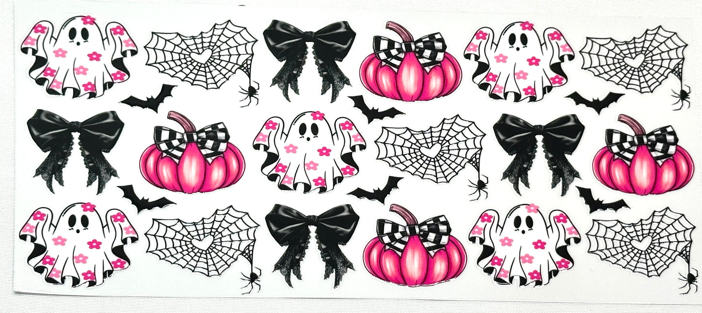 Halloween-themed stickers with ghosts, pumpkins, and bows background
