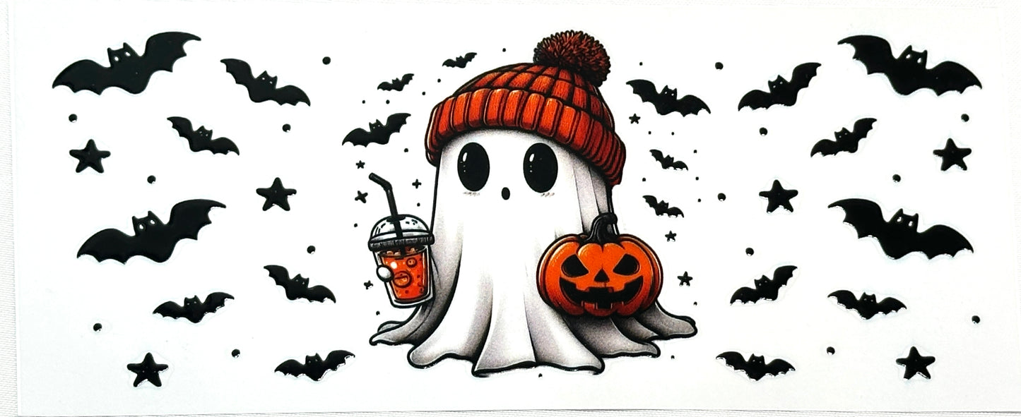 Cartoon ghost character with a drink and pumpkin, surrounded by bats and stars