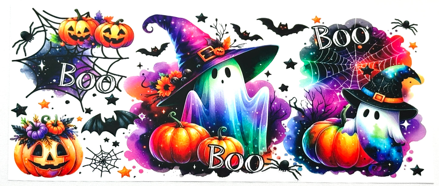 Halloween-themed design with pumpkins, ghosts, and text