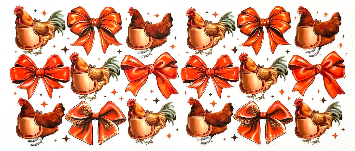 Pattern of chickens and red bows with decorative elements