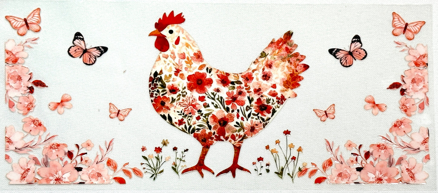 Decorative mat with floral rooster design and butterflies