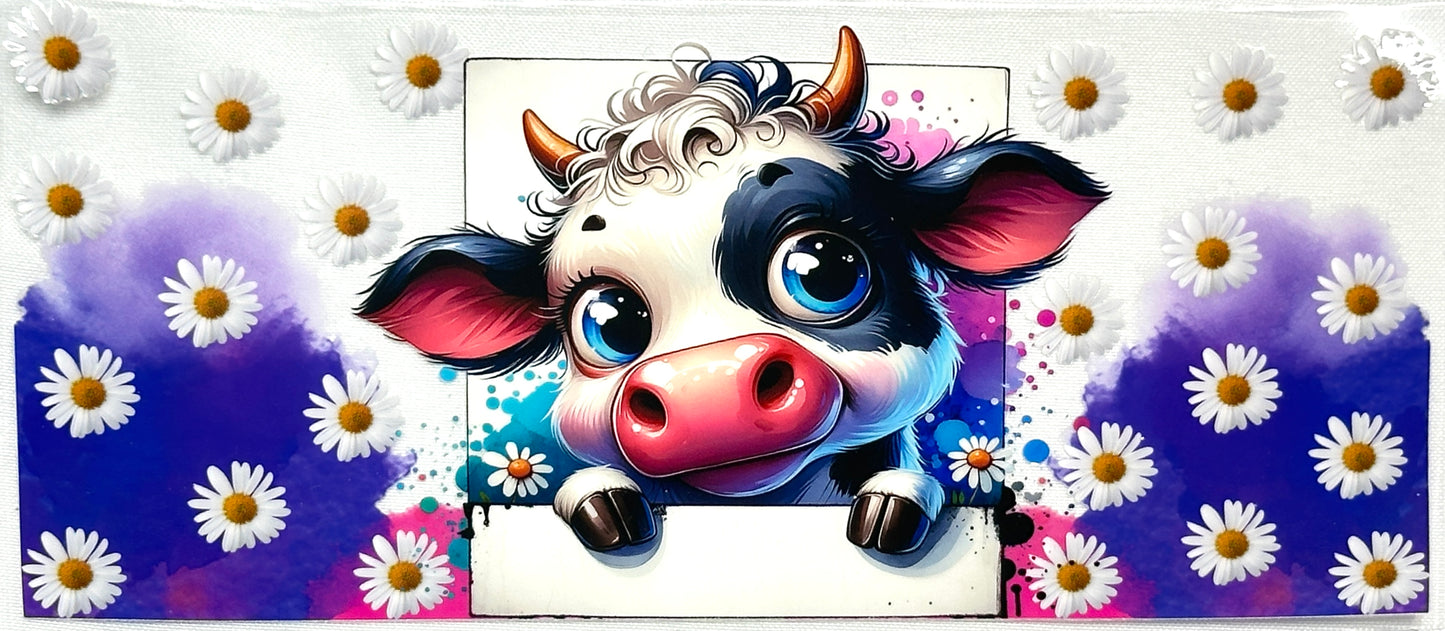 Cartoon cow with a colorful background and flowers