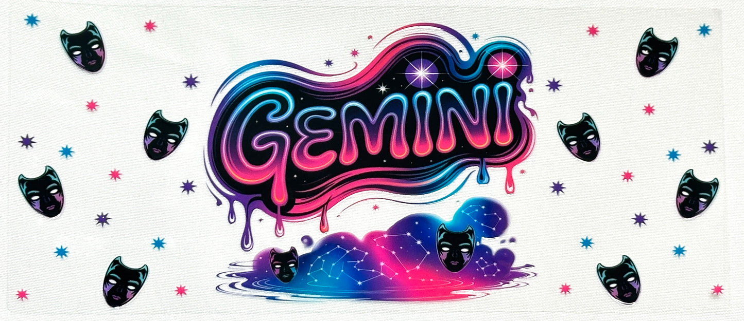 Colorful 'Gemini' design with black cat illustrations on a white background