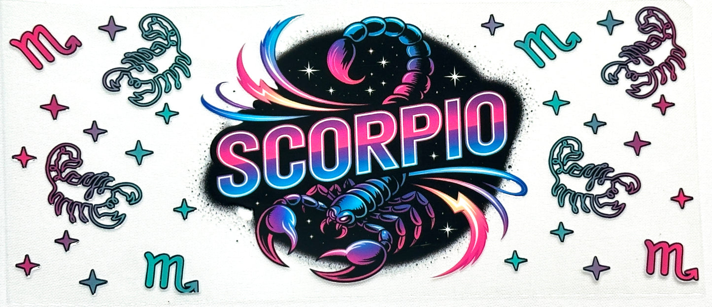 Colorful Scorpio zodiac design with star signs and symbols on a white background