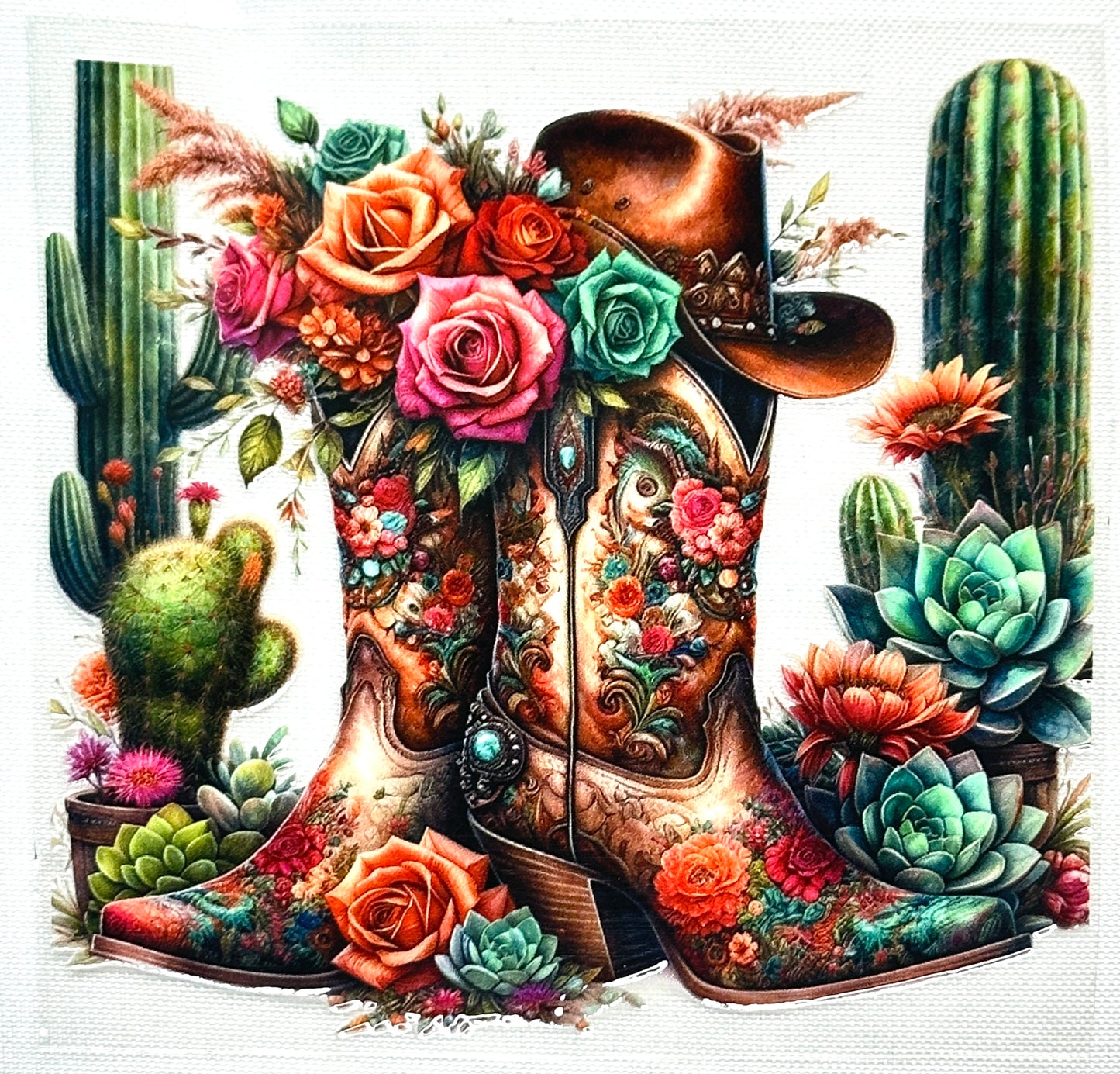 Decorative boot with flowers and cacti on a white background