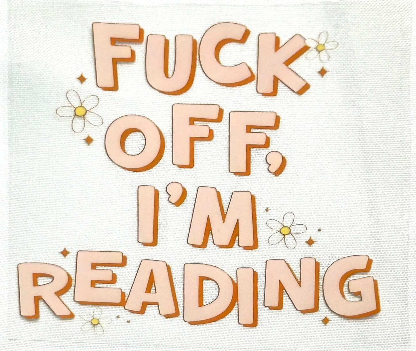 Text 'FUCK OFF, I'M READING' with decorative elements on a light background