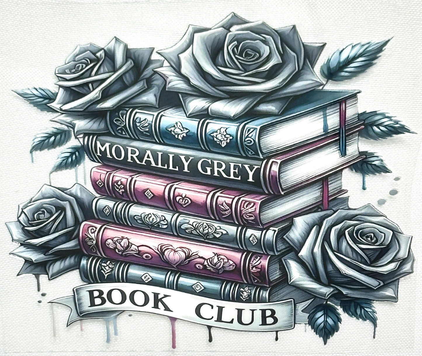 Stack of books with roses and 'Grey Book Club' text on a light background