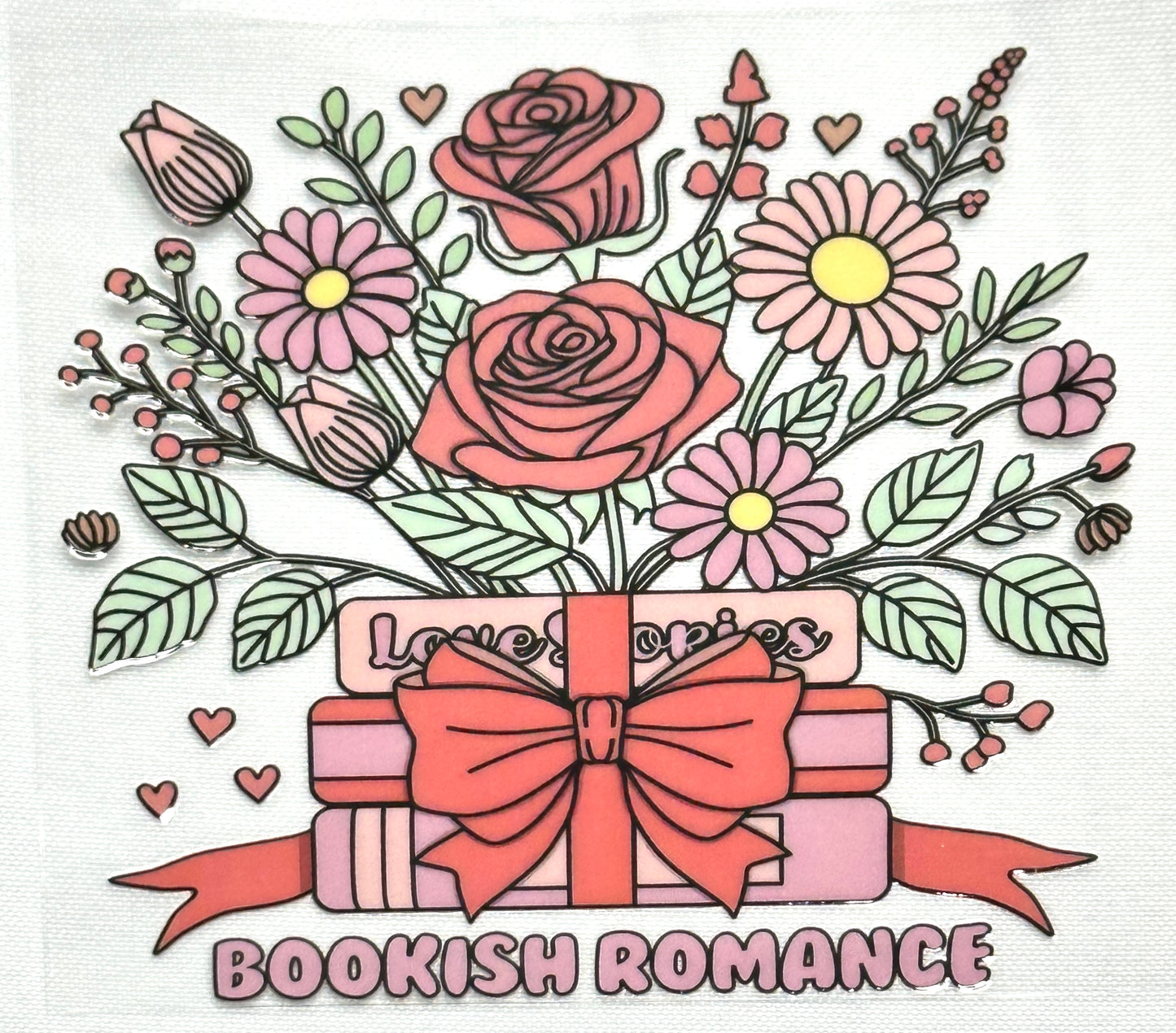 Illustration of flowers and books with a bow, labeled 'Bookish Romance'.