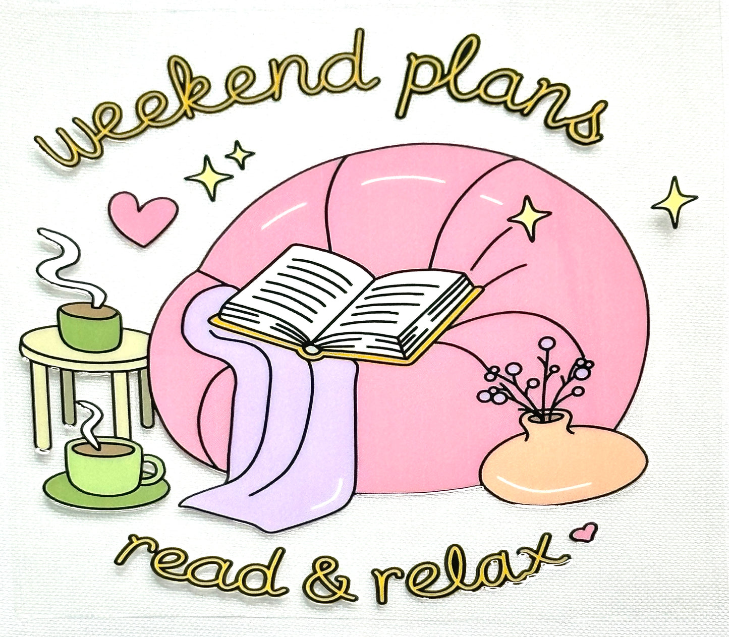 Illustration of a pink armchair with a book, cup of tea, and small table on a white background with 'weekend plans' text.