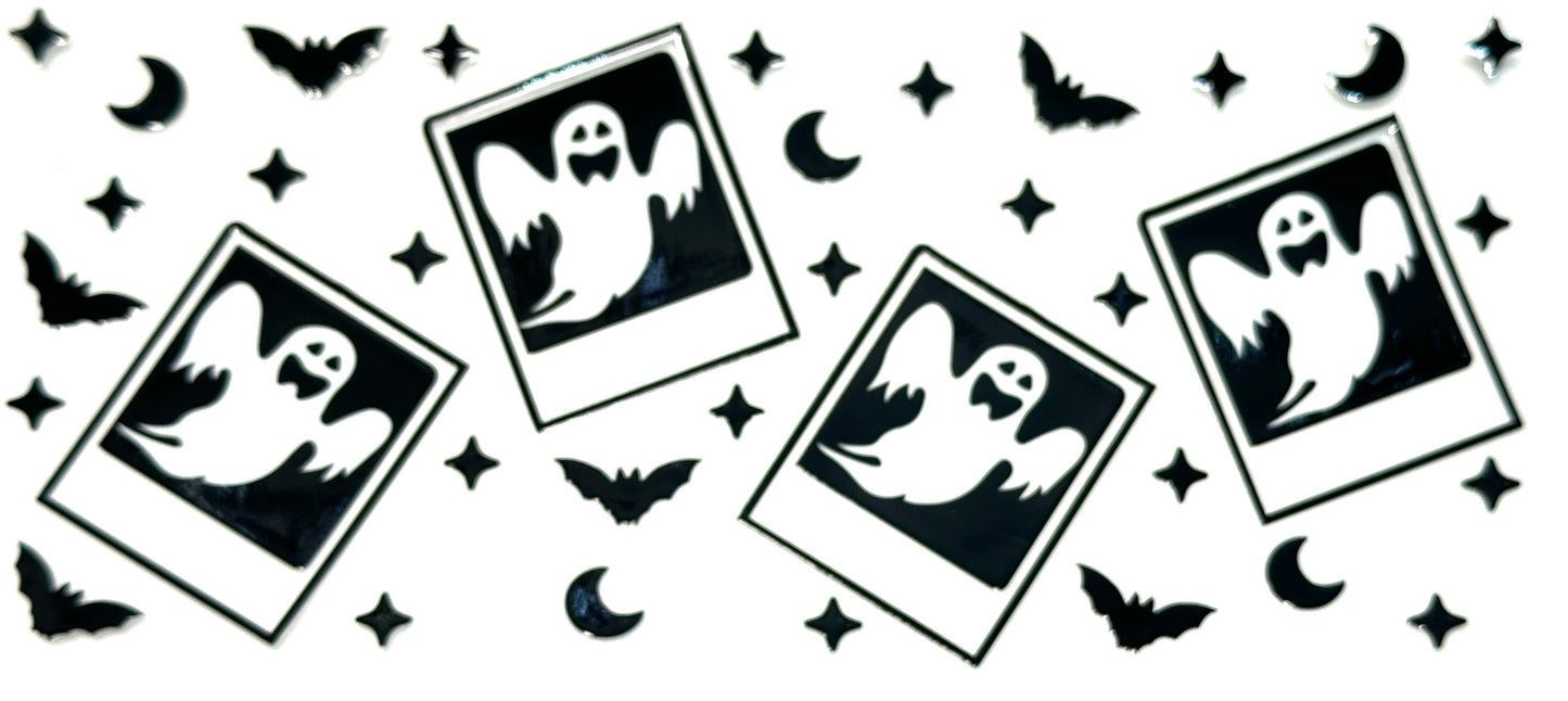 Halloween-themed design with ghosts, bats, and stars on a white background