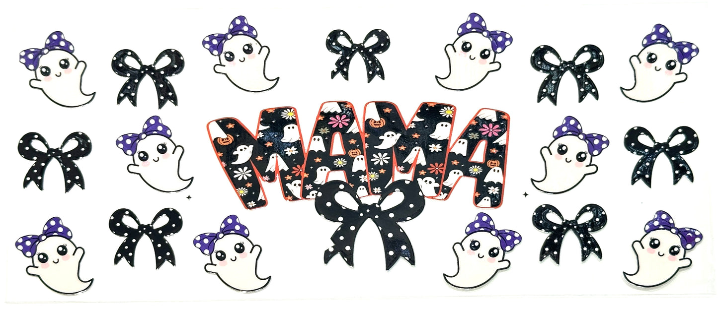 Decorative text with Halloween-themed graphics including ghosts, bows, and flowers on a white background.