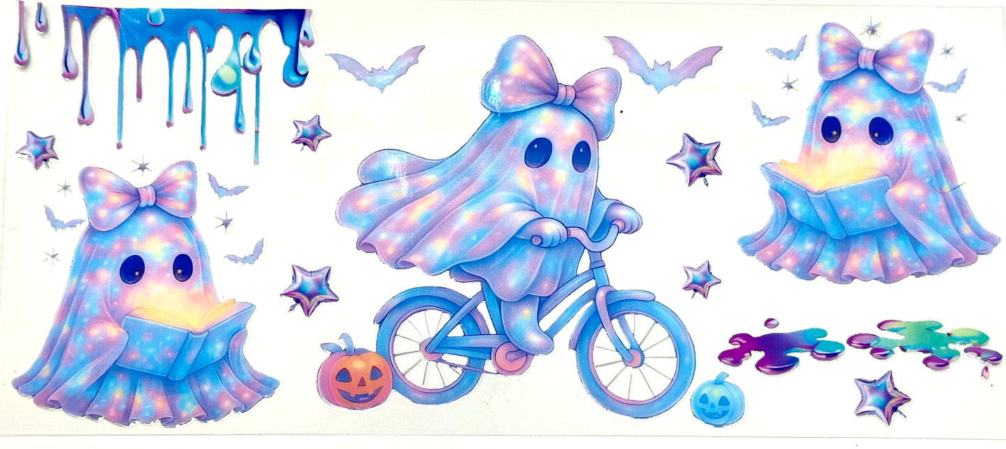 Cartoon ghosts in dresses with a bicycle, stars, and pumpkins on a white background