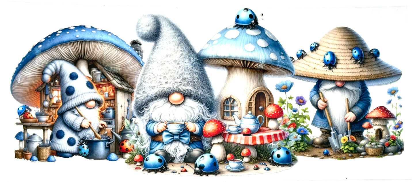 Cartoon gnomes and mushroom houses with colorful decorations on a white background