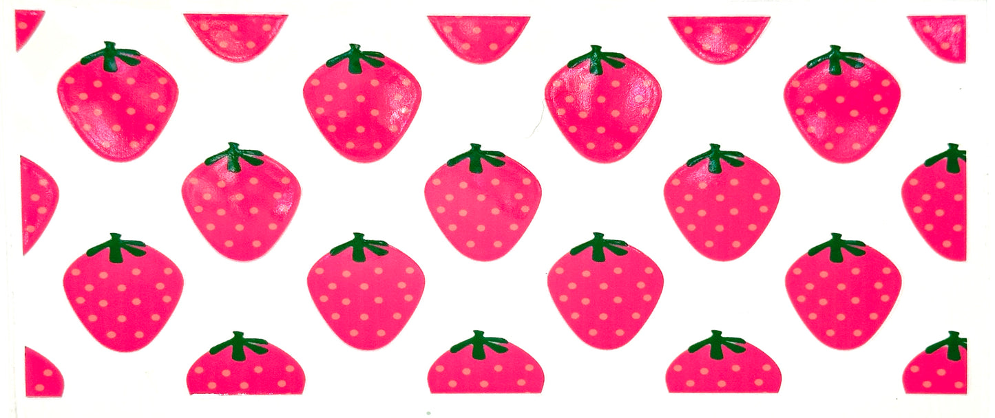 Pattern of pink strawberries with green stems on a white background