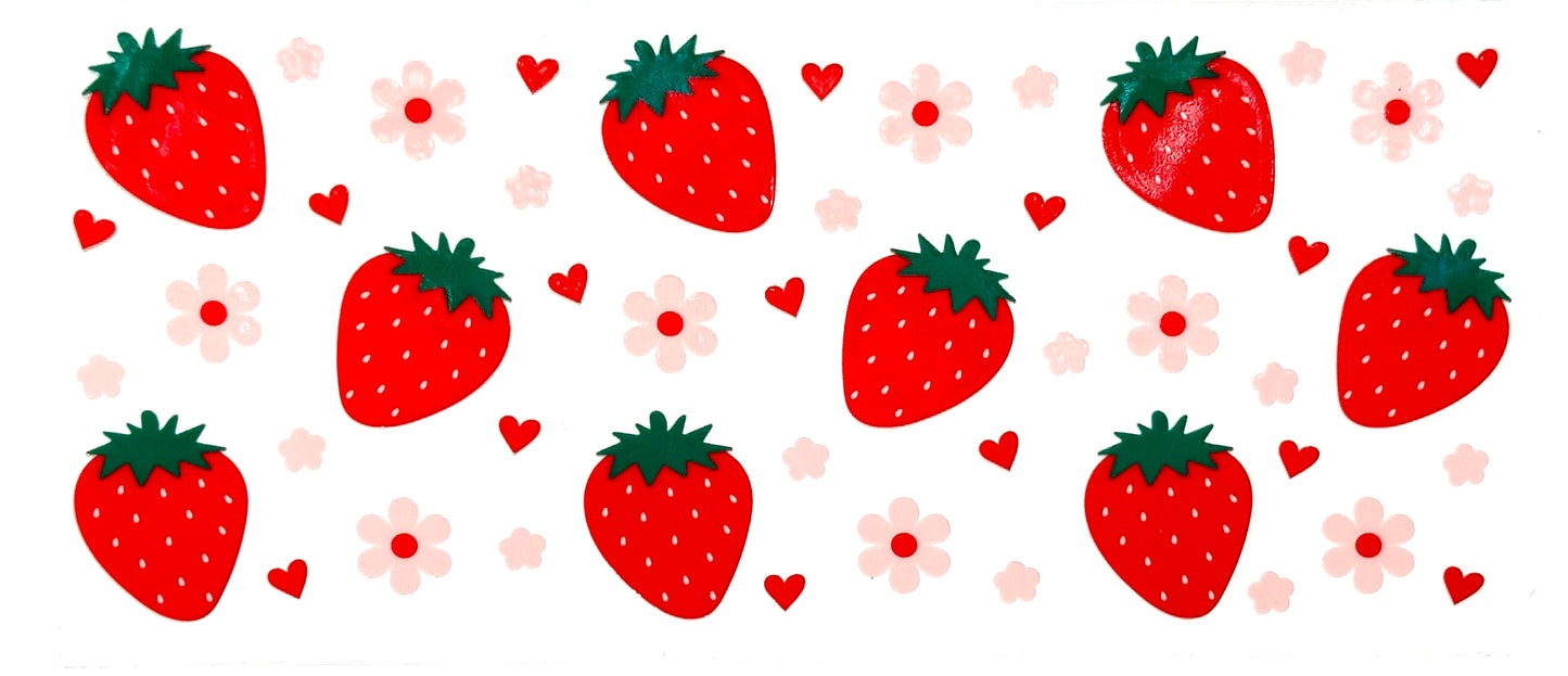 Pattern of strawberries, flowers, and hearts on a white background