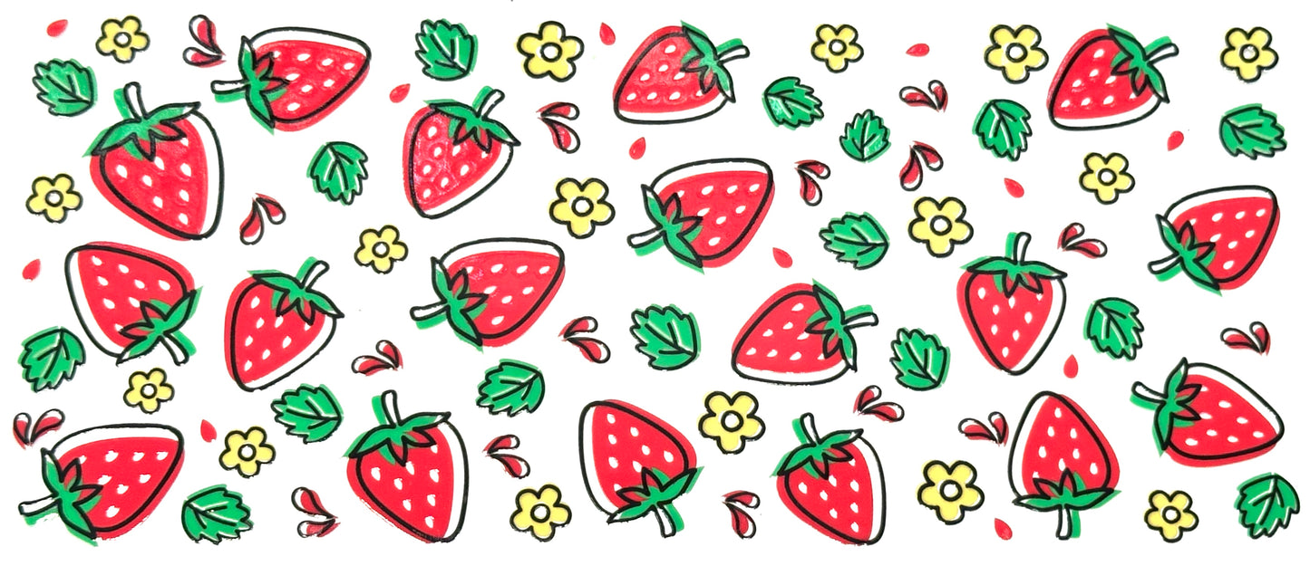 Pattern of red strawberries with green leaves on a white background
