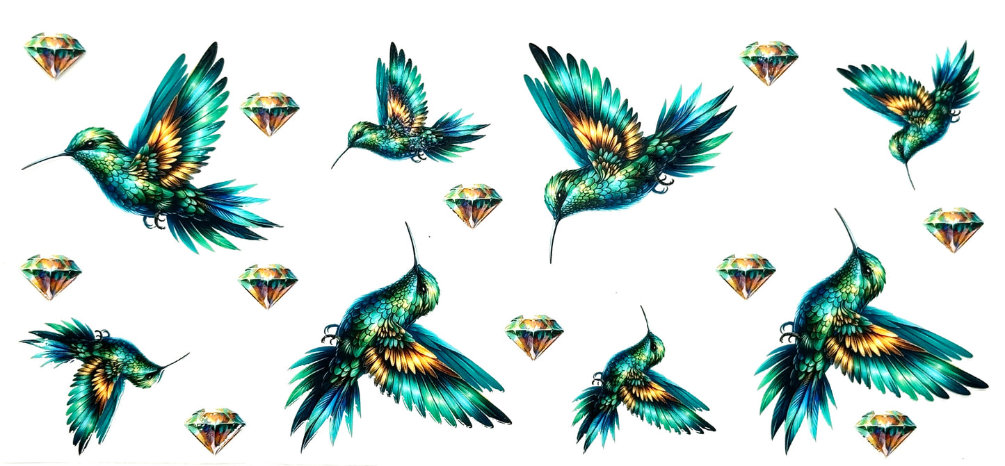 Colorful hummingbird illustrations with diamond shapes on a white background