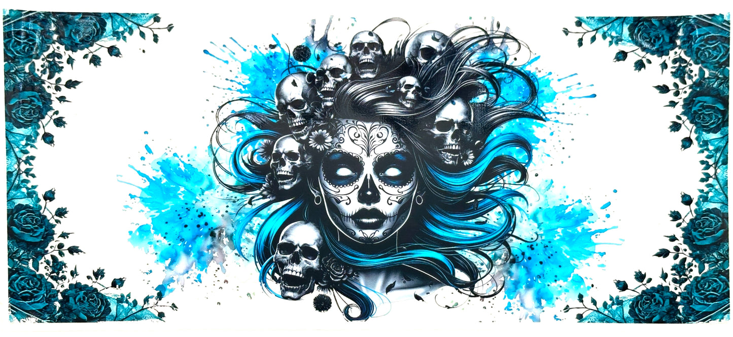 Artistic design of a woman's face with skull elements and blue roses on a white background