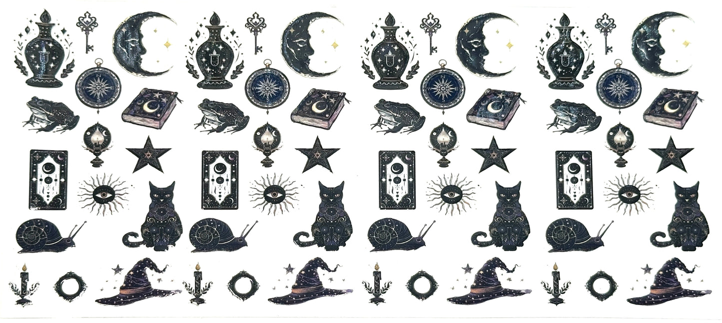 Pattern of black illustrations on a white background, including cats, moons, stars, and other mystical symbols.