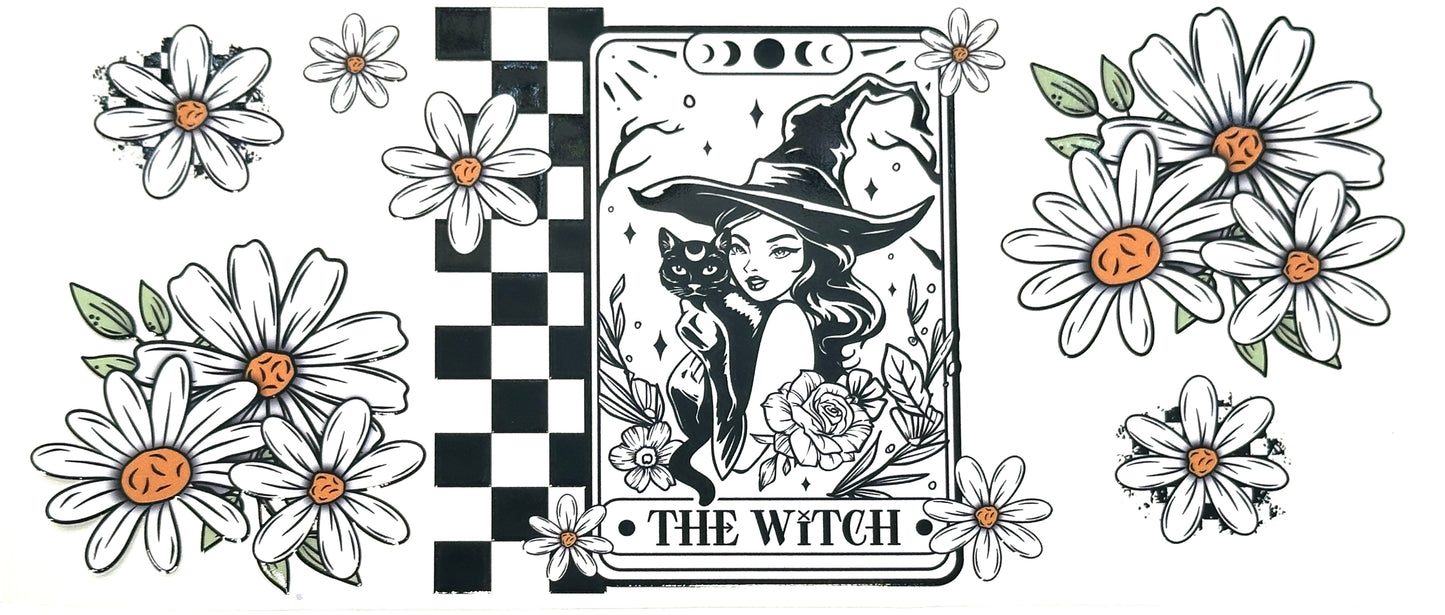 Card featuring a witch with a cat and flowers, surrounded by decorative elements.