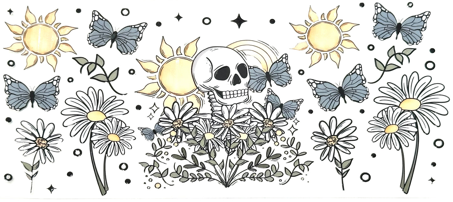 Decorative design with skulls, flowers, and butterflies on a white background