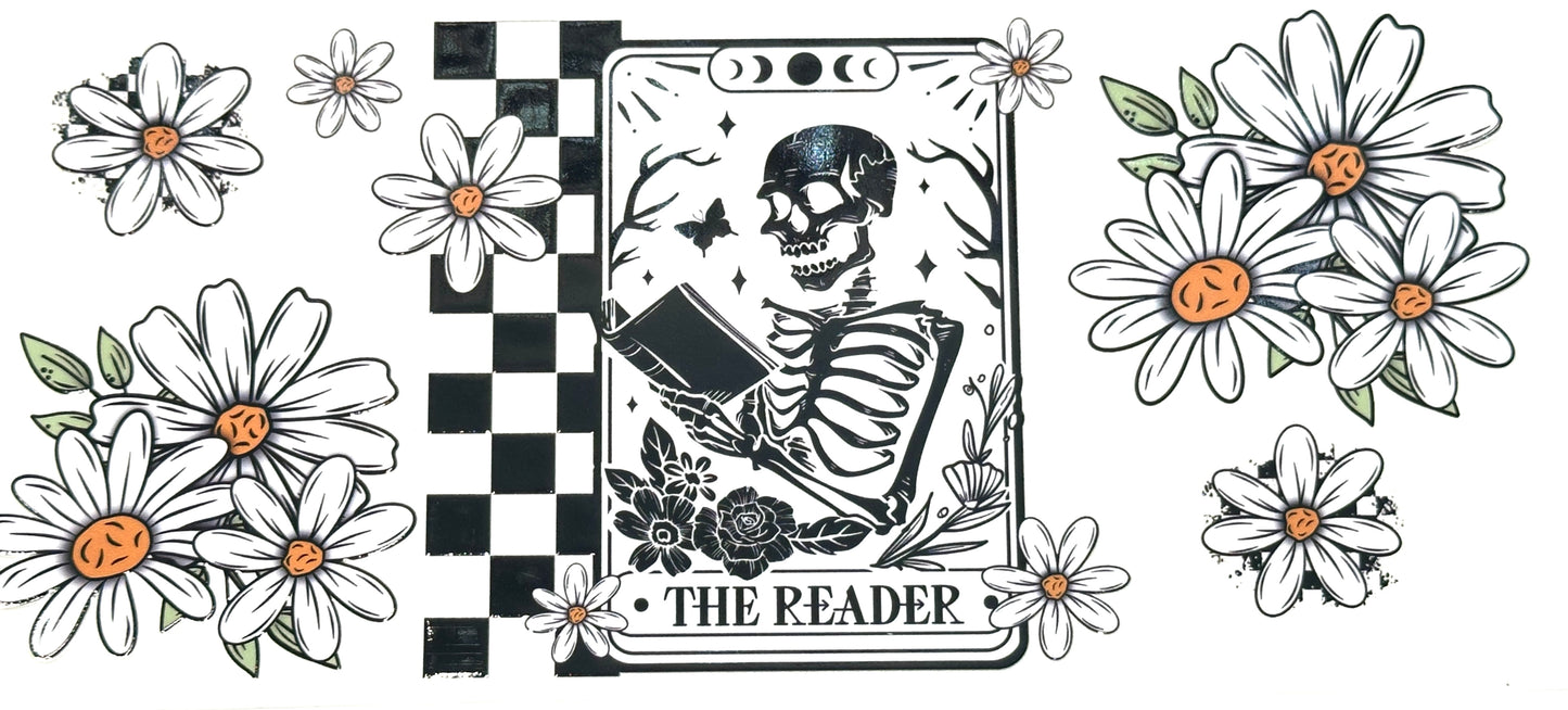Tarot card titled 'The Reader' with a skeleton and flowers on a white background