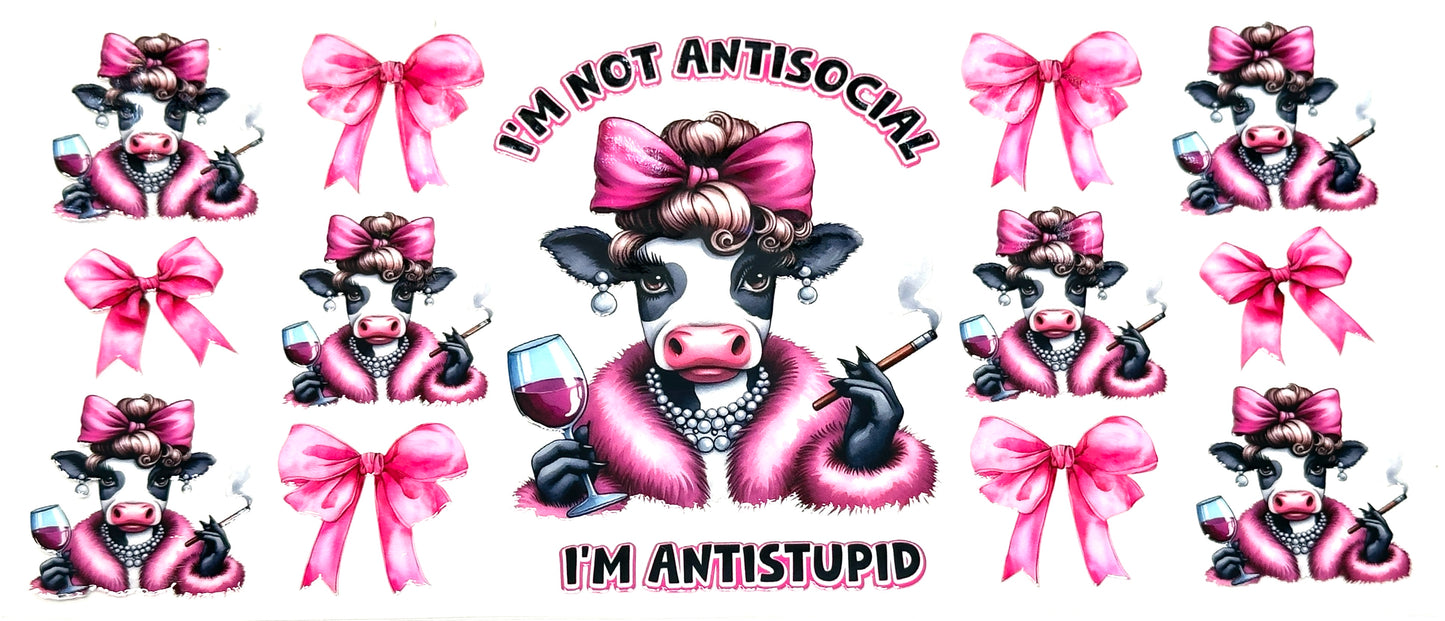 Cartoon cow with pink bows and text 'I'm not antisocial, I'm antistupid' on a white background