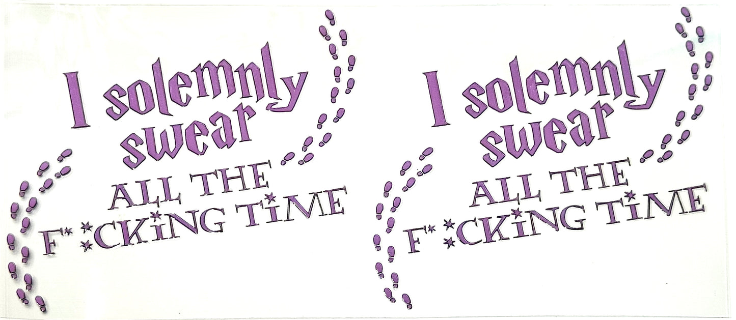 Two identical purple text designs on a white background