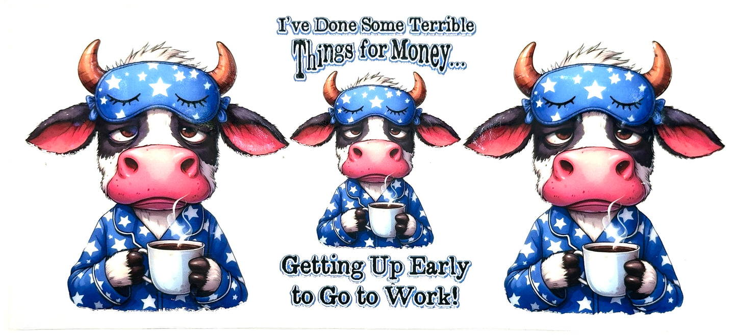 Cartoon cow in pajamas with a sleep mask, holding a coffee cup, on a white background.