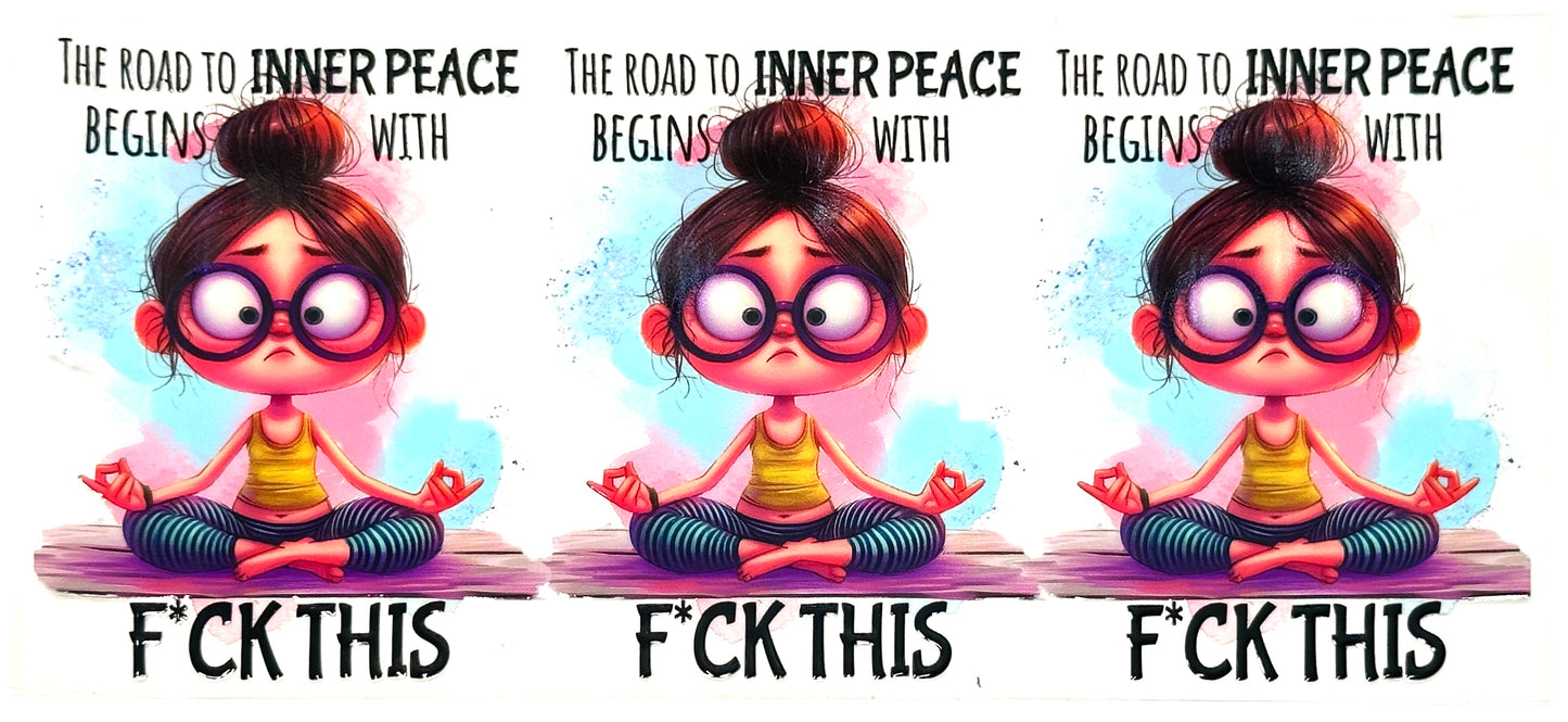 Three identical cartoon characters meditating with text about inner peace and profanity.