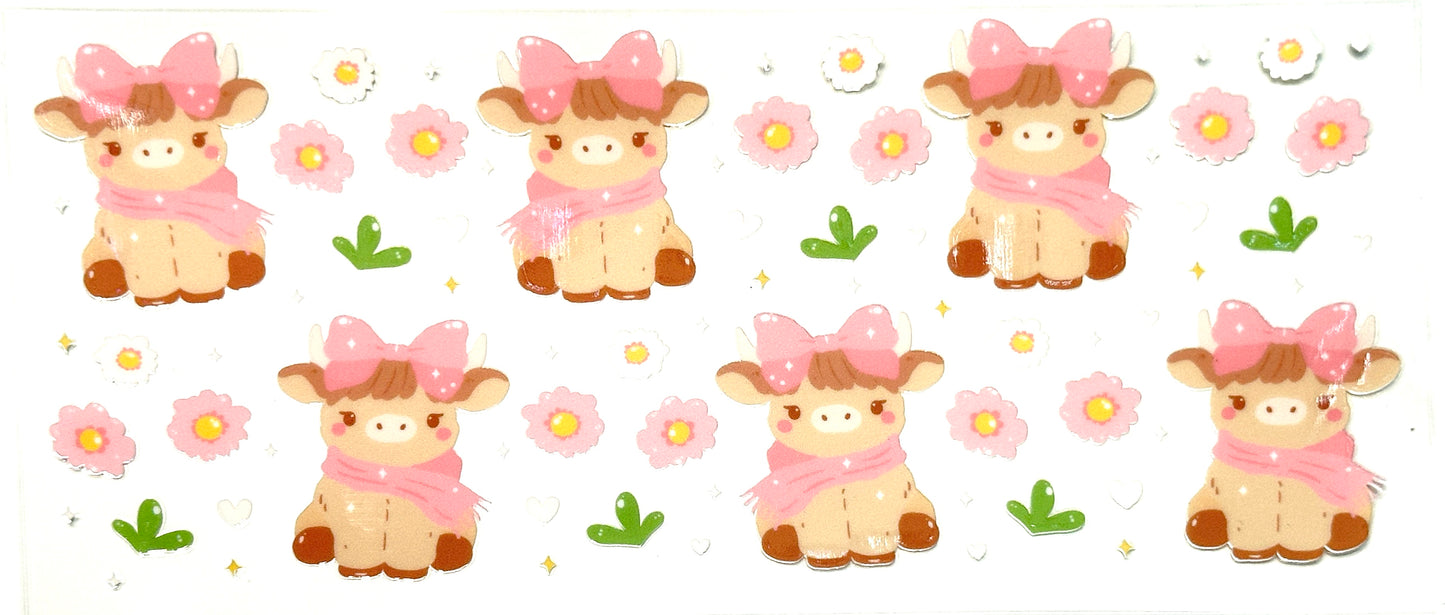 Pattern of cartoon cows with pink bows and flowers on a white background
