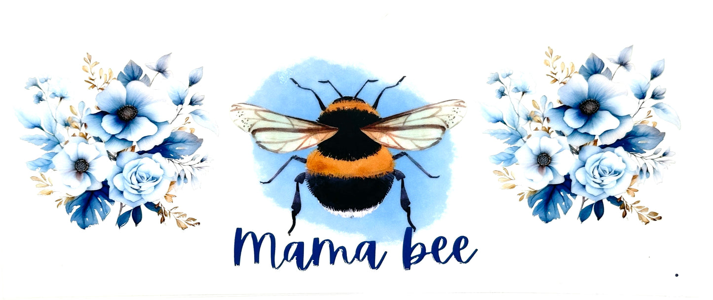 Illustration of a bee with flowers and 'Mama bee' text on a white background