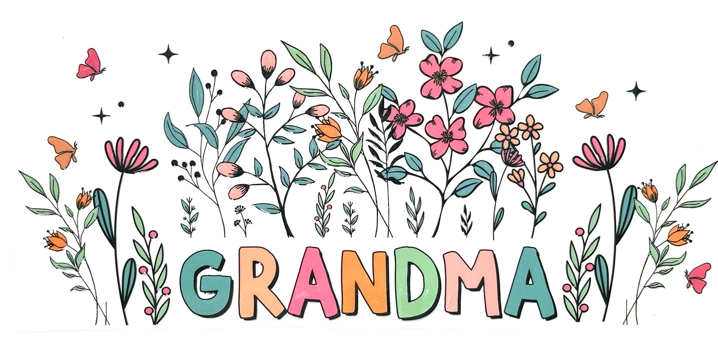 Colorful 'GRANDMA' text surrounded by flowers and butterflies on a white background