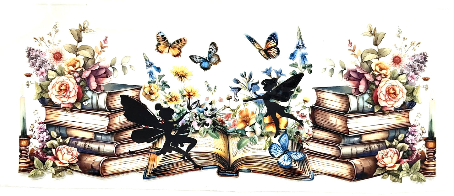 Decorative design with books, fairies, and flowers on a white background