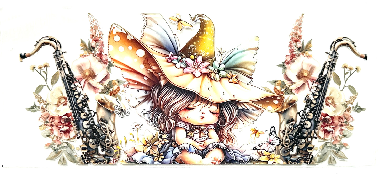 Illustration of a fairy with a saxophone surrounded by flowers and musical instruments.