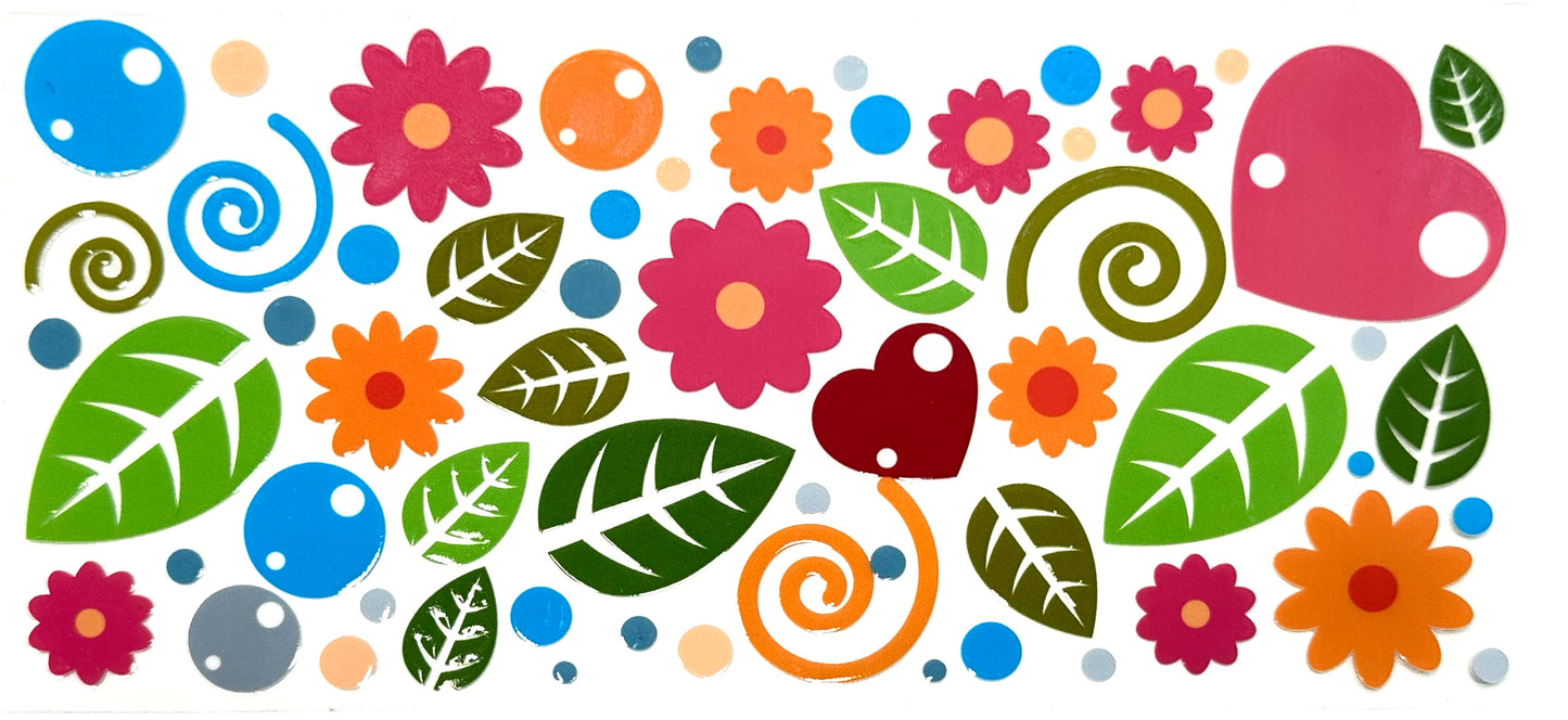 Colorful pattern of flowers, leaves, and hearts on a white background