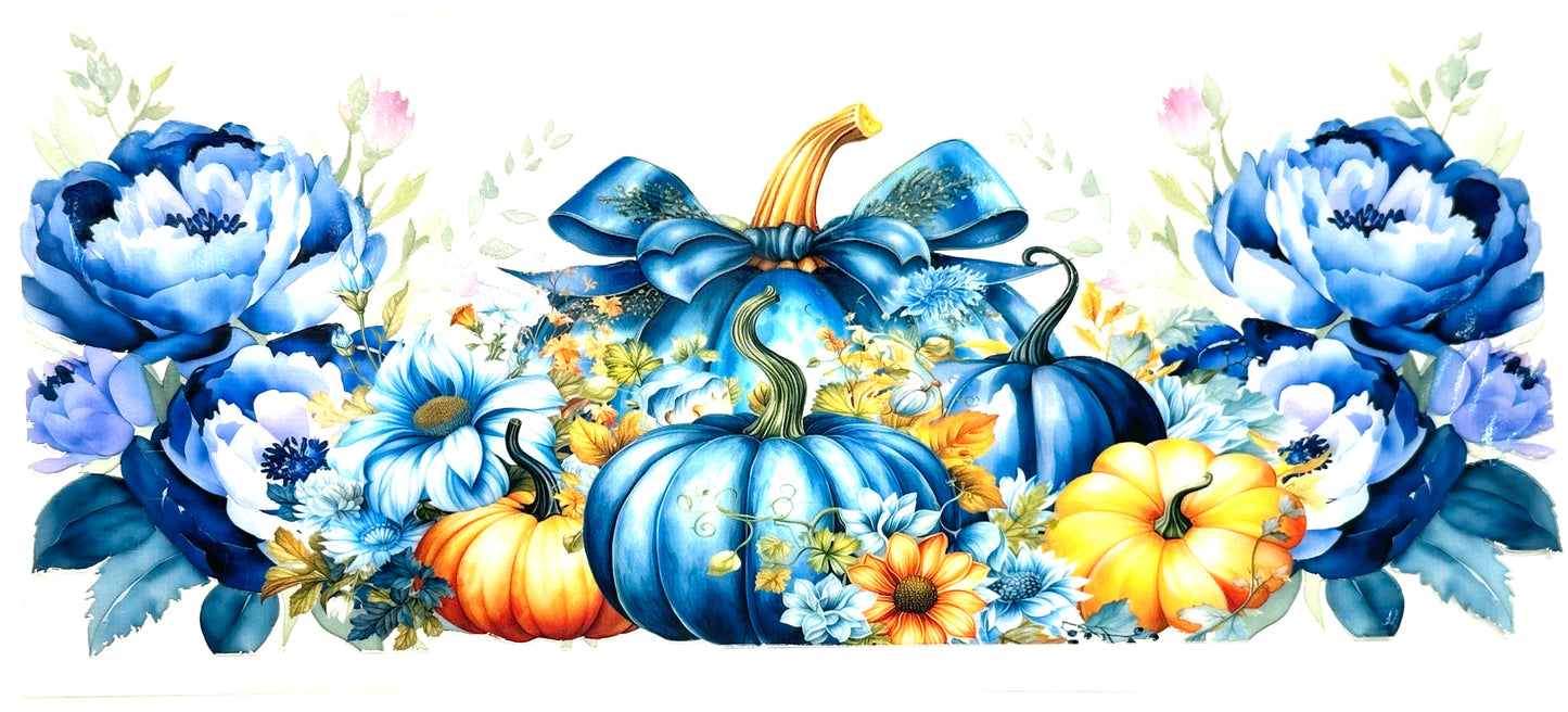 Decorative design with blue pumpkins and flowers on a white background