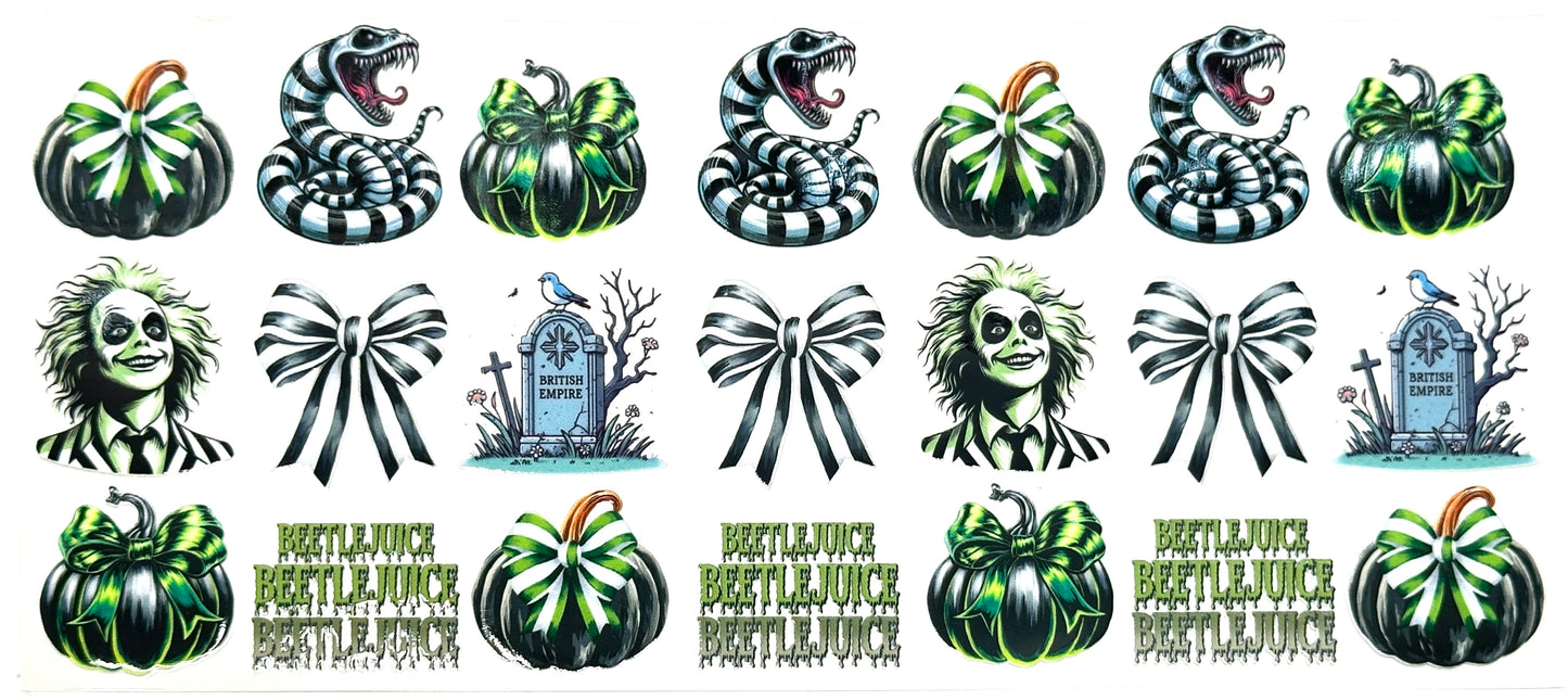 Set of Halloween-themed designs featuring pumpkins, snakes, and skulls with 'Beetlejuice' branding.