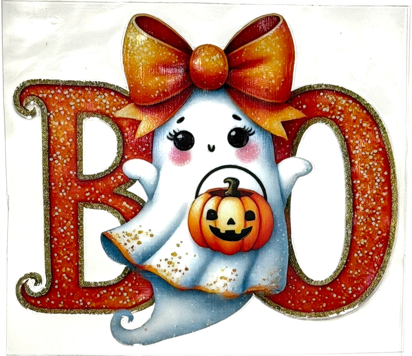 Halloween-themed decoration with ghost, pumpkin, and 'HO' letters on a white background