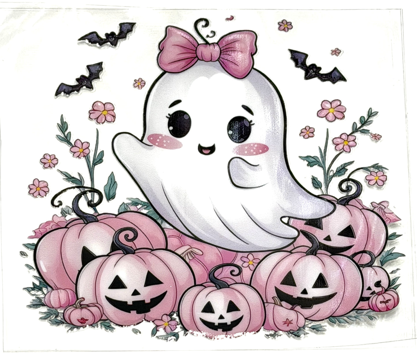 Cartoon ghost with a pink bow surrounded by pink pumpkins and bats on a white background