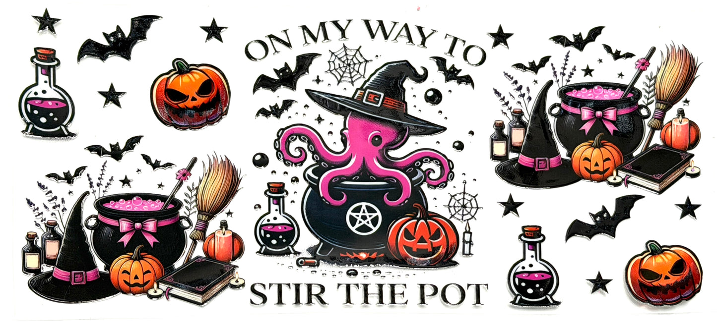 Halloween-themed design with pumpkins, cauldrons, and an octopus wearing a witch hat.