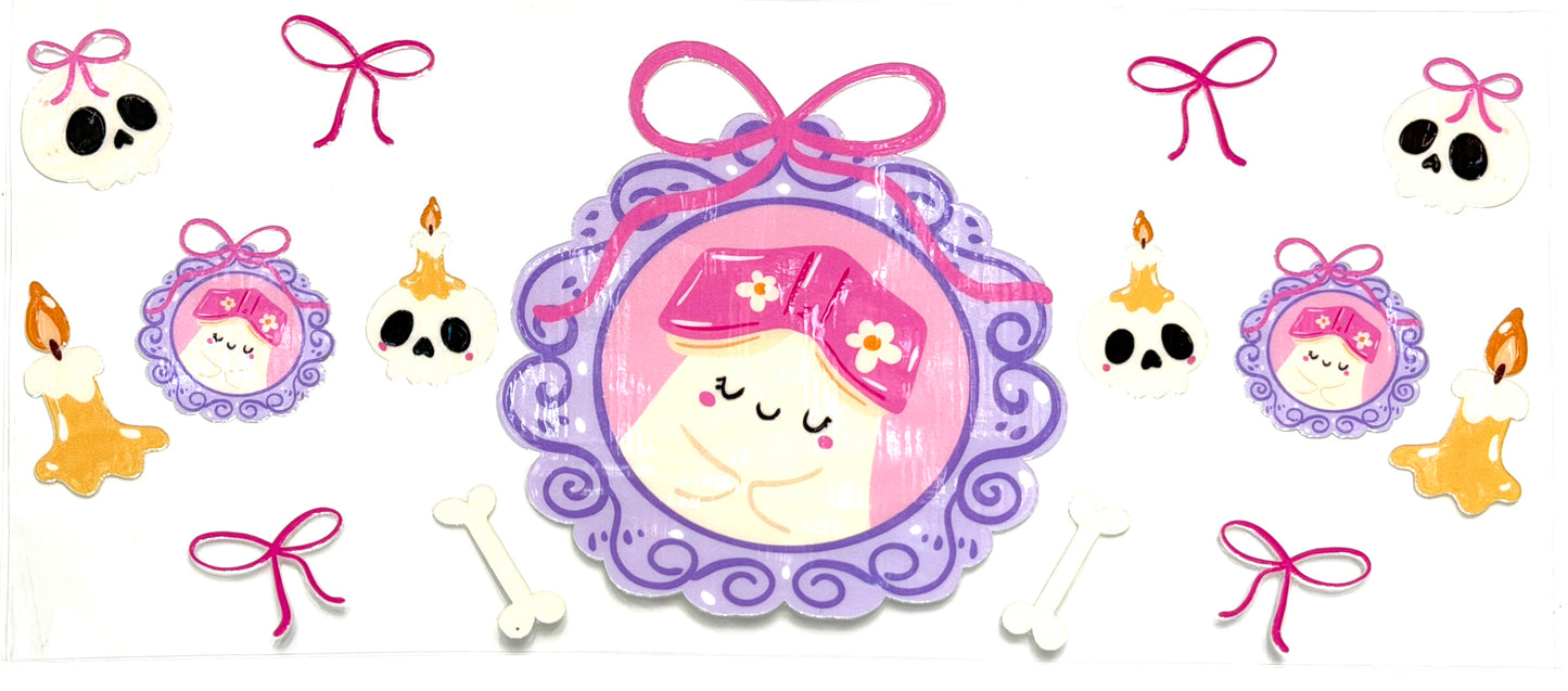 Cartoon character with a bow and decorative elements on a white background