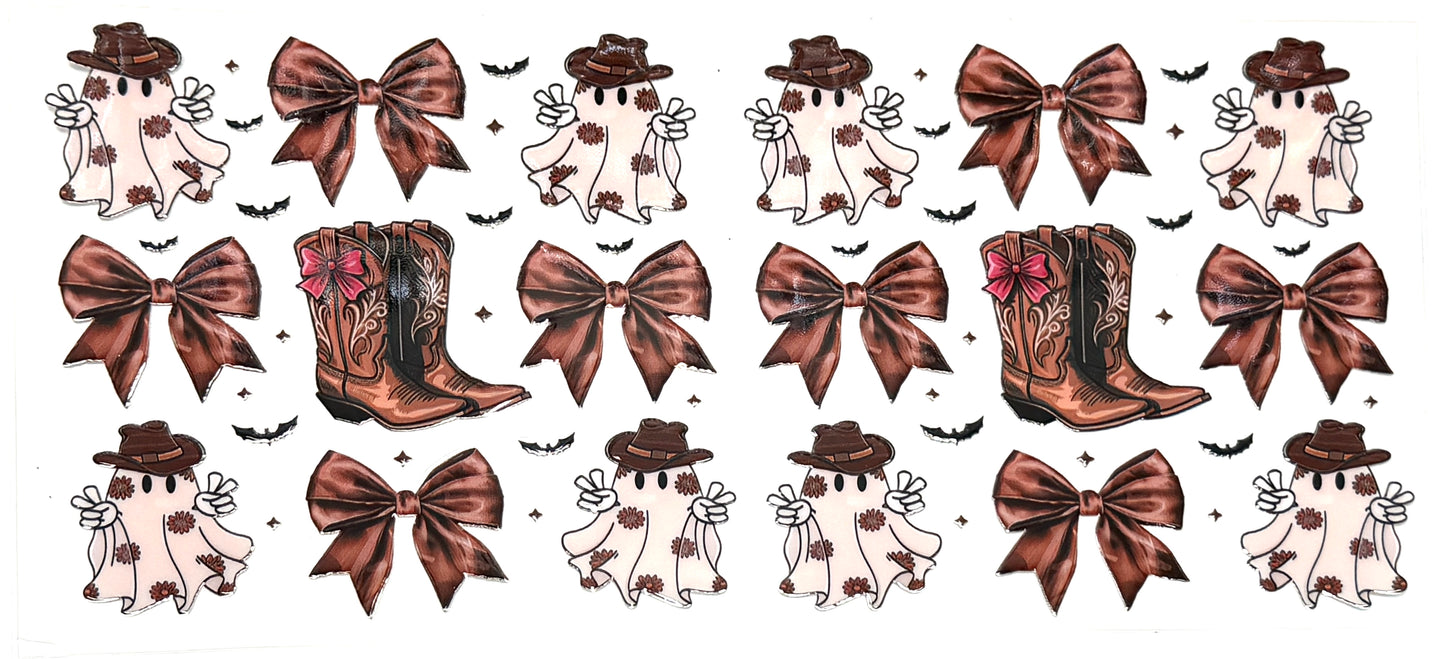 Pattern of cowboy boots, hats, and bows on a white background