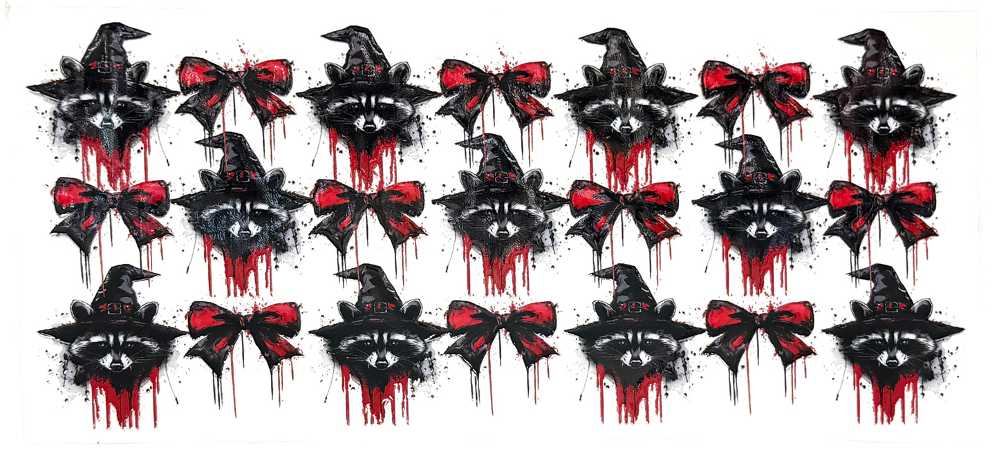 Repeating pattern of black and red witch hats with crows on a white background